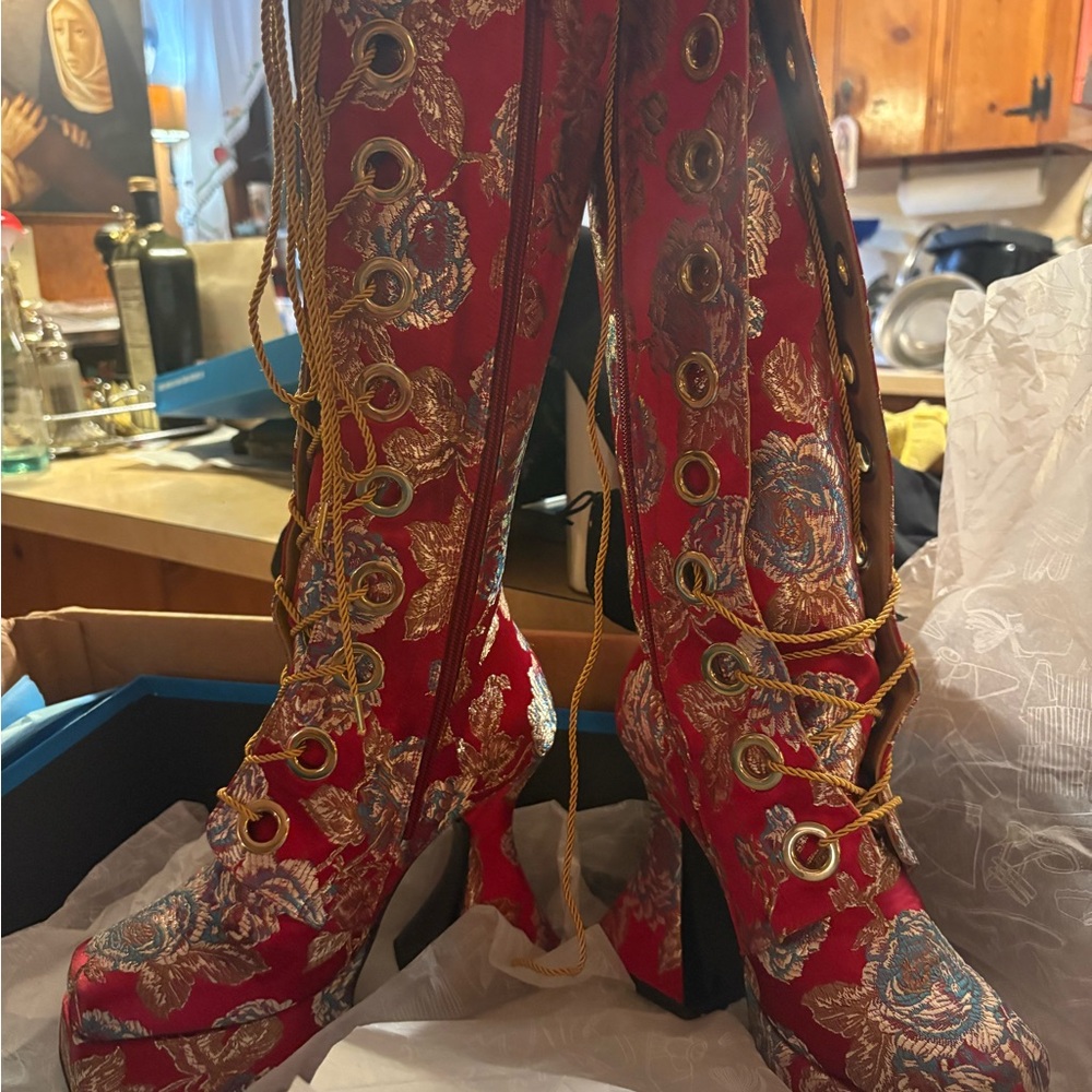 John Fluevog Red Brocade Lace-Up Heeled Boots - Picture 5 of 12